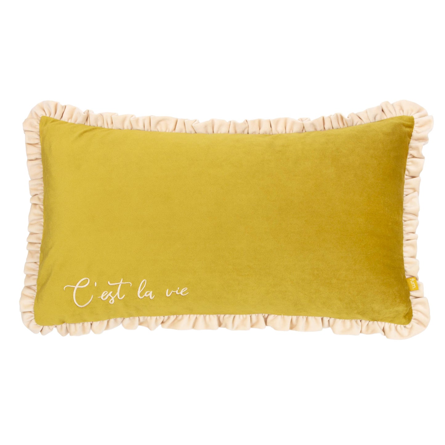 Yellow pillow with beige ruffle trim and 'C'est la vie' text on a white background