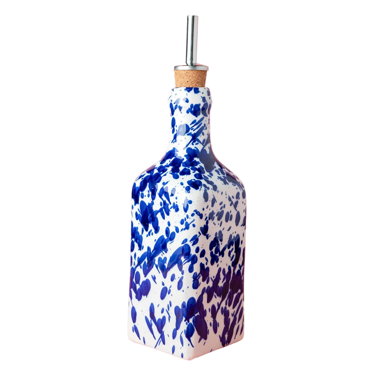 Blue and white ceramic oil bottle with a cork stopper on a pink background